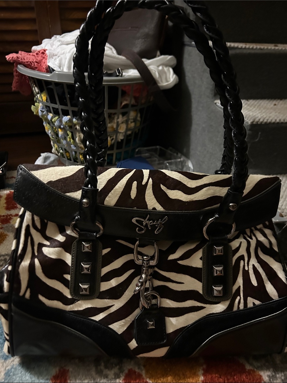 Sharif Couture Black and White Zebra-Print Shoulder Bag